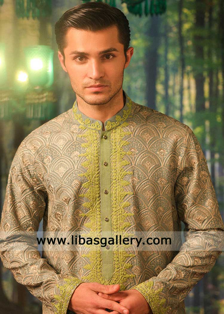 Teal Grey kurta with green embroidery for groom